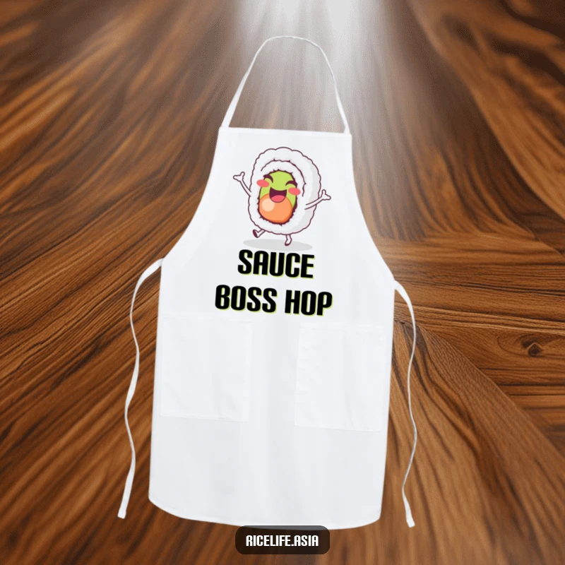 Funny Sushi Hop Apron: A cheerful sushi roll character joyfully does a tiny hop, perfect for a funny, joyful cooking experience.