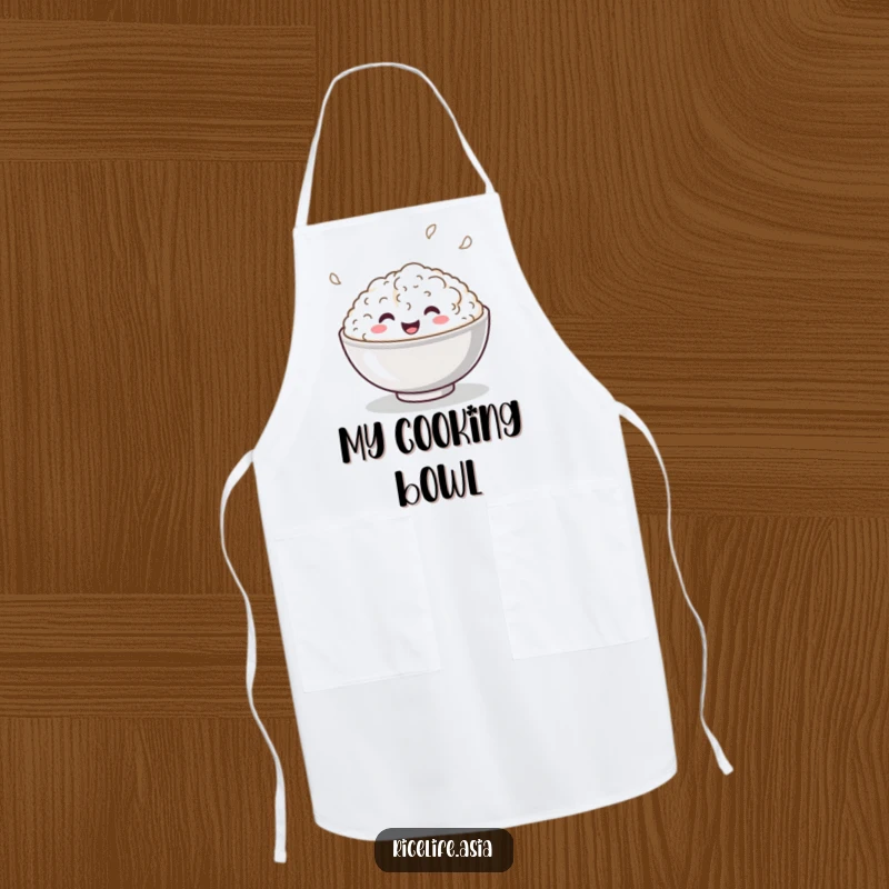 Funny Apron: A charming kitchen apron featuring a smiling bowl of rice playfully bouncing, ready for culinary fun.