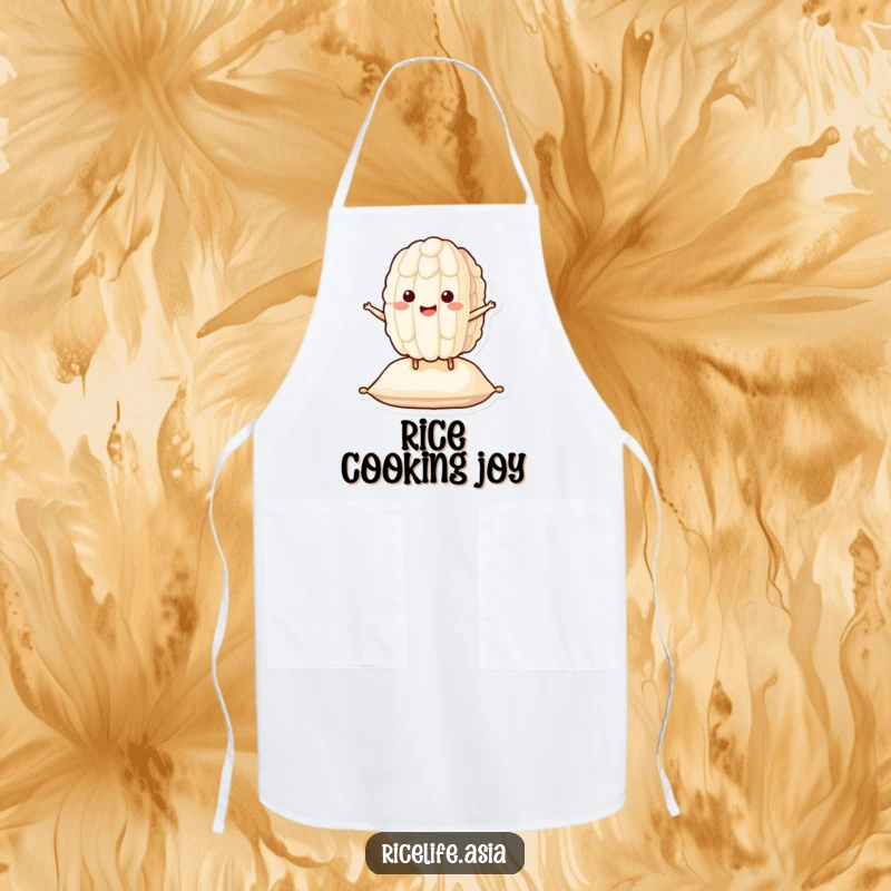 Funny Bouncing Rice Apron: A smiling grain of rice character happily bounces on a cushion, perfect for a funny, joyful cooking experience.