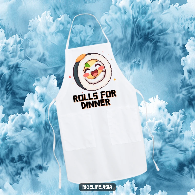 Funny Apron: A charming kitchen apron featuring a joyful sushi roll spinning energetically, inspiring fun and delicious meals.