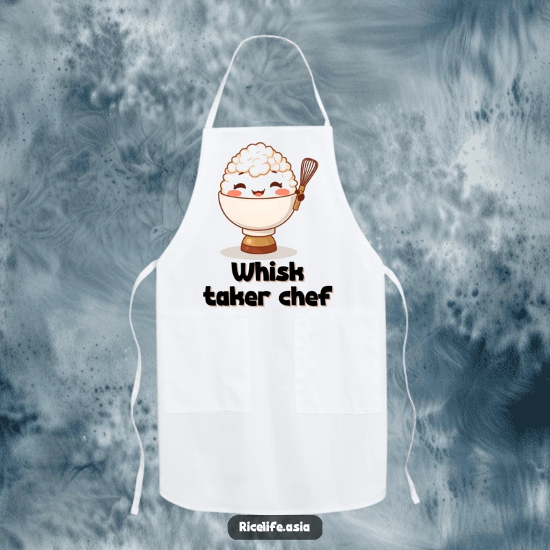 Funny Rice Bowl Whisk Apron: A giggling bowl of rice character balances a tiny whisk, perfect for a funny, joyful cooking experience.