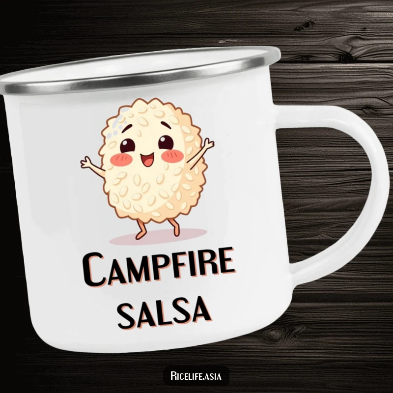 Funny camping mug showcasing a happy grain of rice performing a lively salsa dance, perfect for outdoor fun and energetic refreshment.