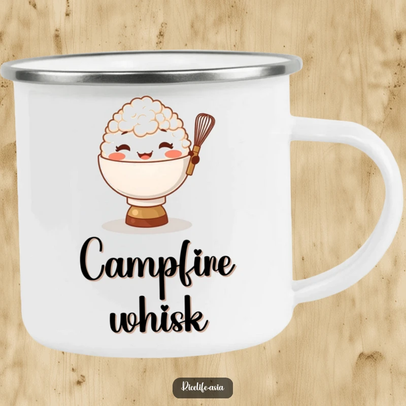 Funny Rice Bowl Whisk Camping Mug: A giggling bowl of rice character balances a tiny whisk, perfect for outdoor cooking, a funny gift.
