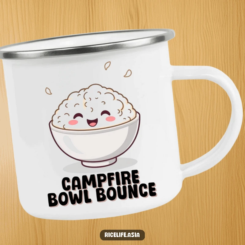 Funny Camping Mug: A sturdy mug featuring a smiling bowl of rice energetically bouncing, ready for any adventure.