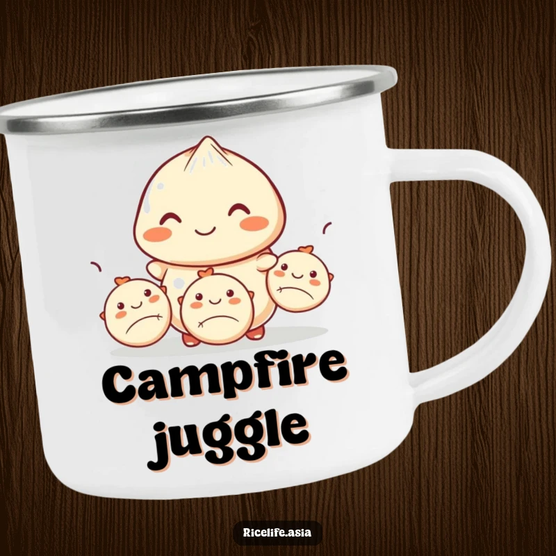 Funny camping mug showcasing a smiling dumpling expertly juggling three smaller dumplings, perfect for outdoor meals and humorous refreshment.