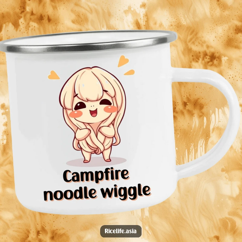 Funny enamel camping mug showing a happy, giggling cartoon noodle doing a playful wiggle, ready for the outdoors.