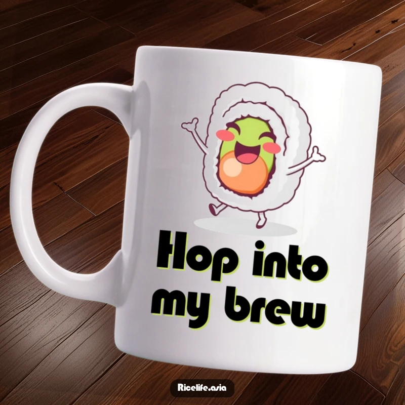 Funny Sushi Hop Mug: A cheerful sushi roll character joyfully does a tiny hop, spreading happiness, a perfect funny gift.