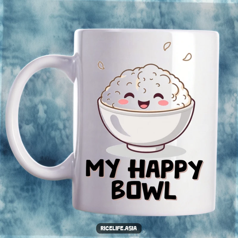 Funny Mug: A beaming bowl of rice energetically bouncing with pure joy and a playful, happy expression.