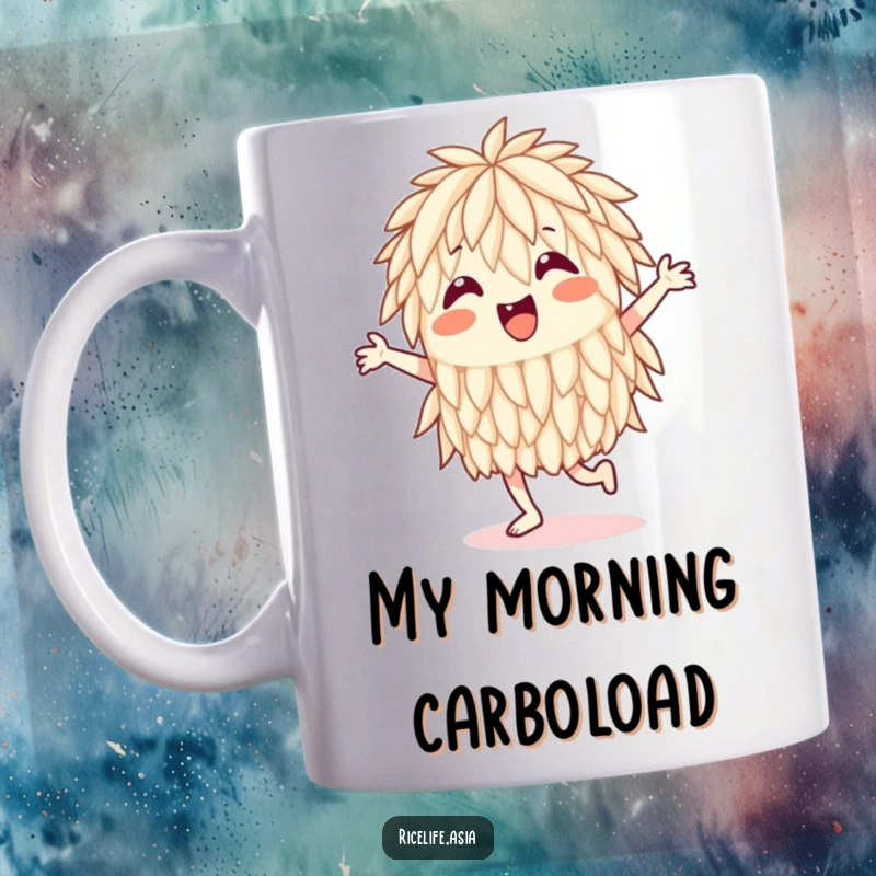 Funny Mug: A tiny, happy rice grain performing an energetic jig, spreading pure joy with its dance moves and cheerful expression.