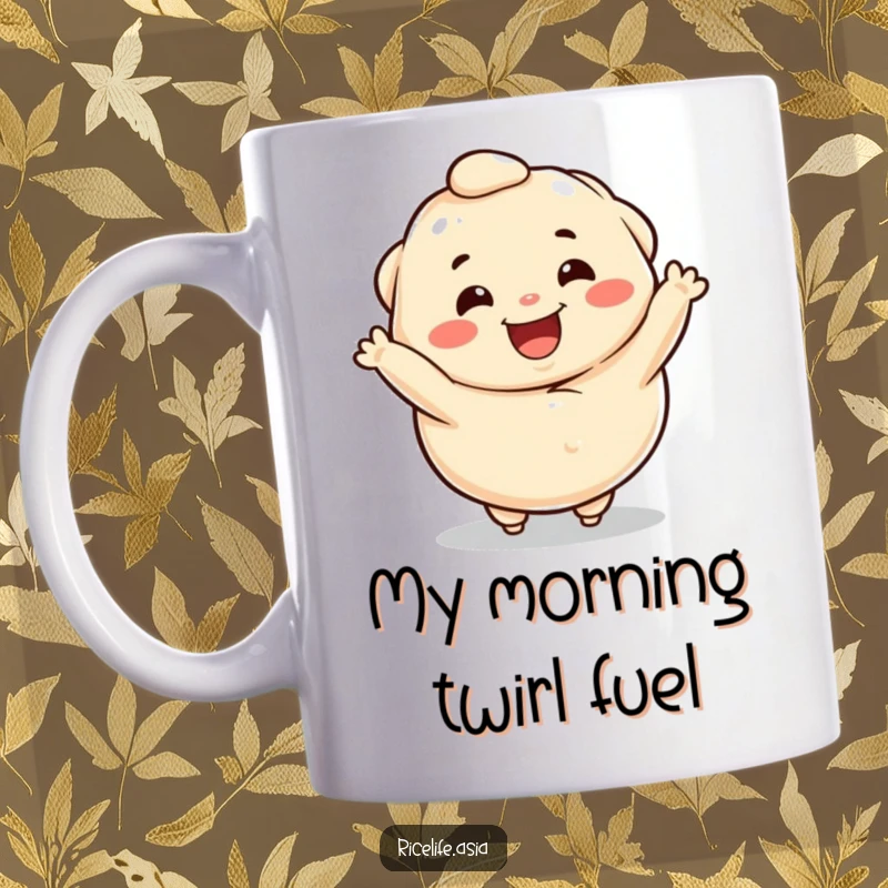 Funny mug featuring a cheerful, spinning dumpling character radiating pure joy and happiness, perfect for dumpling lovers.