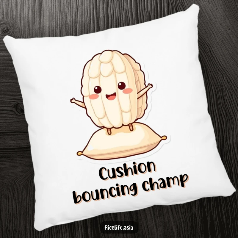 Funny Bouncing Rice Pillow: A smiling grain of rice character happily bounces on a cushion, soft and amusing decor for a funny gift.