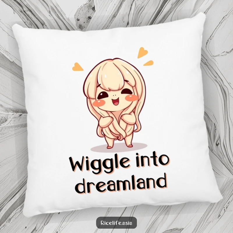 Funny pillow featuring a cute, giggling cartoon noodle doing a playful wiggle, perfect for adding comfort and humor.
