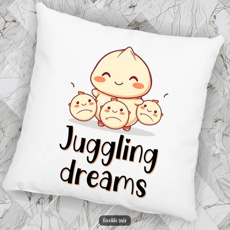 Funny pillow depicting a smiling dumpling expertly juggling three smaller dumplings, offering soft comfort and a humorous, visually appealing accent.