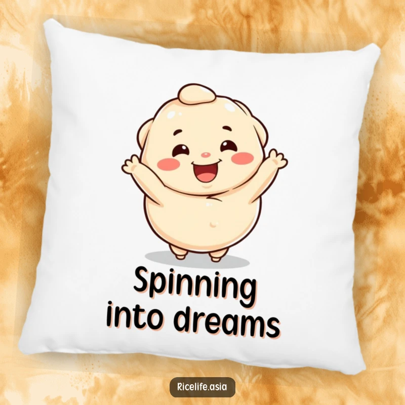 Funny pillow featuring a happy dumpling character excitedly spinning, offering comfort and a cheerful accent.