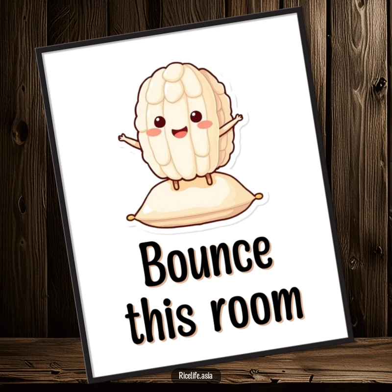 Funny Bouncing Rice Digital Art Print: A smiling grain of rice character happily bounces on a cushion, printable art for instant cheer.