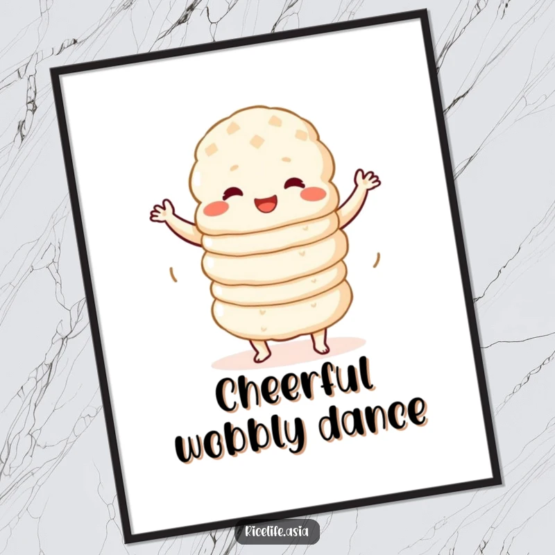 Funny Digital Art Print: A high-resolution image of a stack of happy rice cakes performing a hilarious, wobbly dance with infectious cheer.
