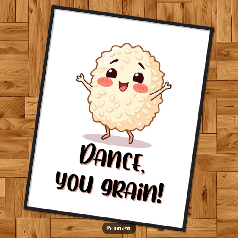 Funny digital art print of a happy grain of rice in a dynamic salsa dance pose, radiating energy and comedic rhythm for vibrant decor.