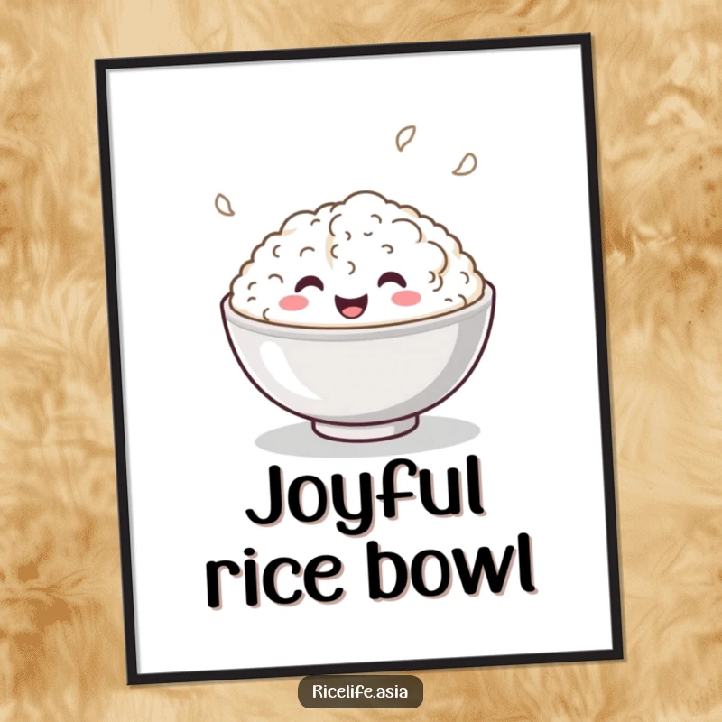 Funny Digital Art Print: A high-resolution image of a smiling bowl of rice energetically bouncing with infectious, playful charm.