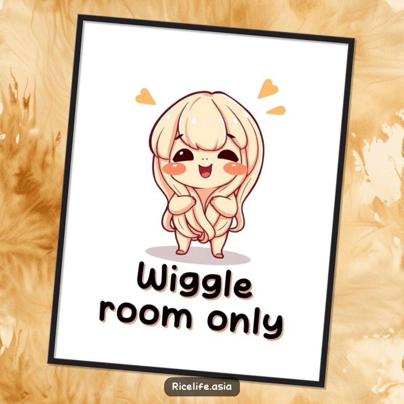 Funny digital art print of a delighted, giggling cartoon noodle performing a playful wiggle, perfect for downloads.