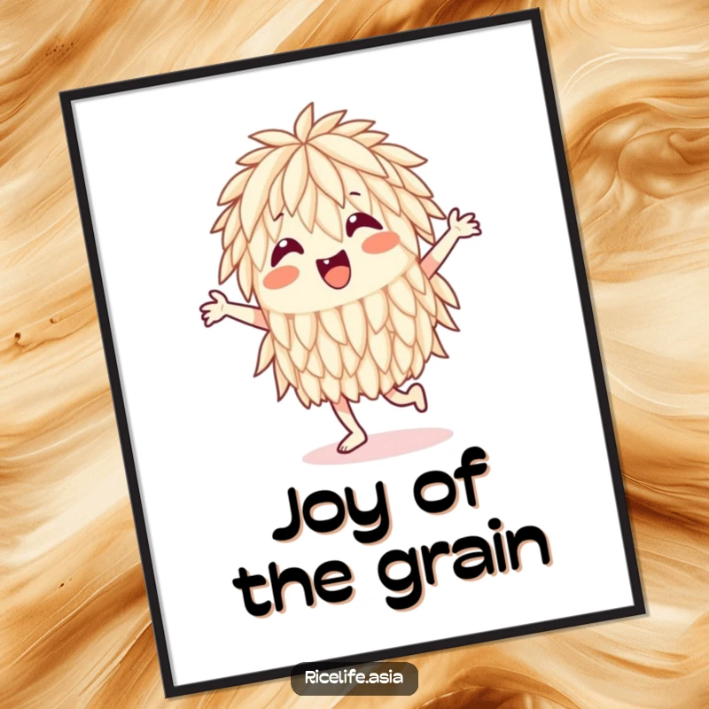 Funny Digital Art Print: A high-resolution image of a gleeful rice grain performing an energetic, happy jig, full of movement.