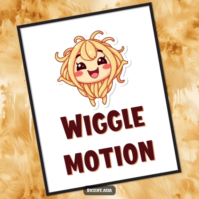 Funny digital art print of a smiling noodle character wiggling with excitement, adding instant cheer to any digital space.