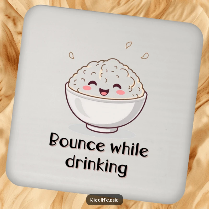 Funny Coaster: A durable coaster showcasing a smiling bowl of rice playfully bouncing, adding a whimsical touch to surfaces.