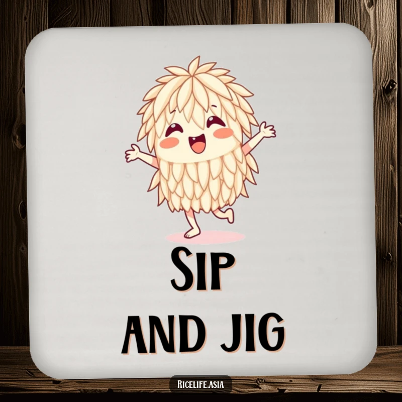 Funny Coaster: A small, durable coaster showcasing a happy rice grain energetically jigging, adding a touch of humor to surfaces.