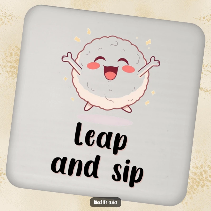 Funny drink coaster with a cheerful rice ball in a dynamic leaping pose, offering protection with a dose of buoyant, joyful humor.