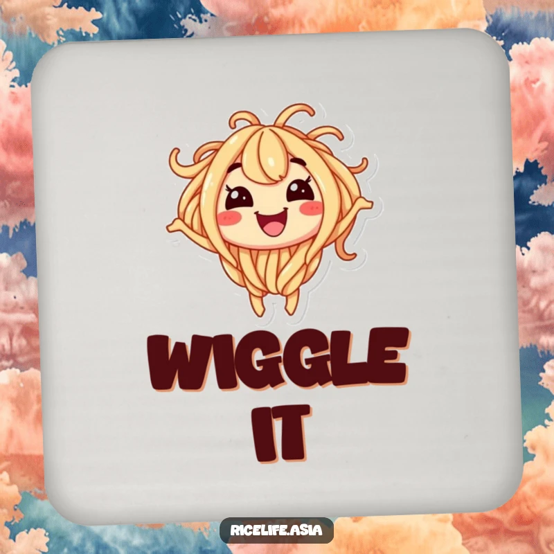 Funny drink coaster featuring a smiling noodle character wiggling with excitement, protecting surfaces with charm.
