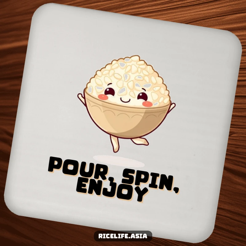Funny drink coaster featuring a delightful cartoon bowl of rice in a happy pirouette, protecting surfaces with charm.