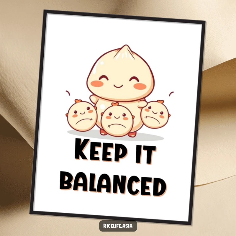 Funny poster featuring a smiling dumpling skillfully juggling three smaller dumplings, adding a delightful and humorous touch to any wall.