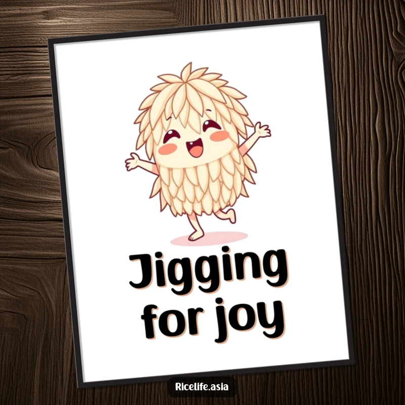Funny Poster: A delightful illustration of a happy rice grain performing a joyous jig, full of movement and cheerful vibes.