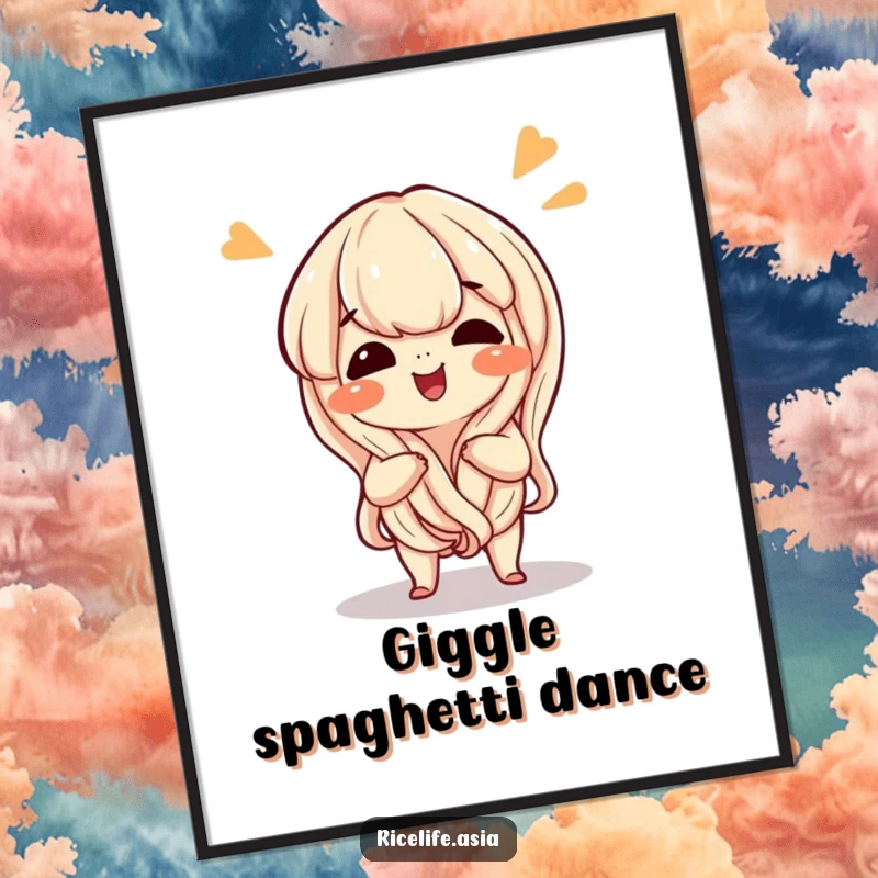 Funny poster art of a smiling, giggling cartoon noodle in a playful wiggle, adding humor to wall decor.