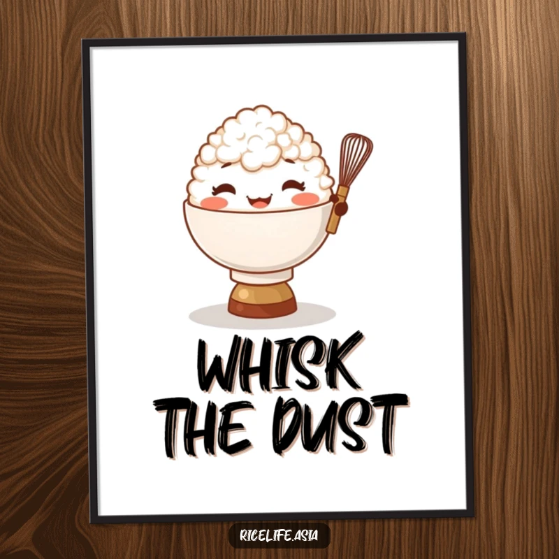 Funny Rice Bowl Whisk Poster: A giggling bowl of rice character balances a tiny whisk, vibrant wall art for a funny gift.