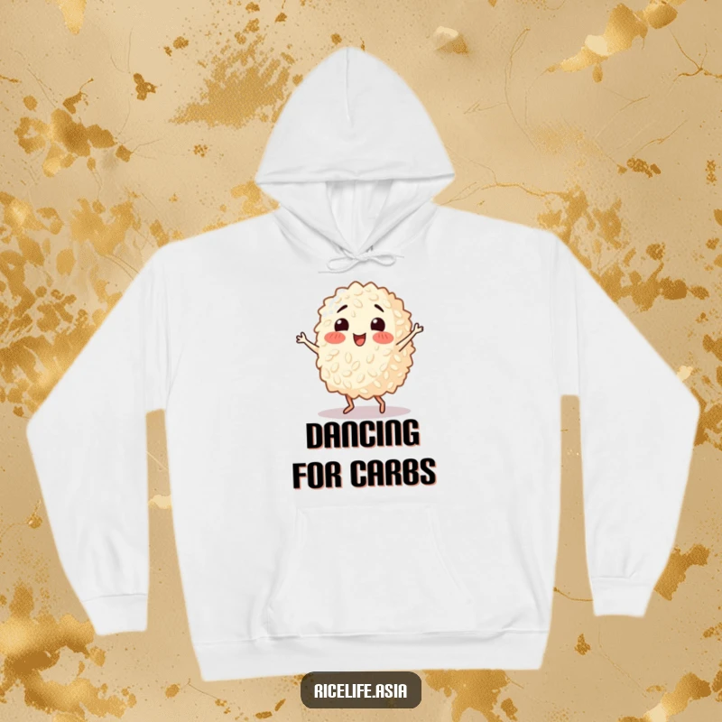 Funny hoodie featuring a happy grain of rice performing a lively salsa dance, offering warmth and a contagious sense of fun.