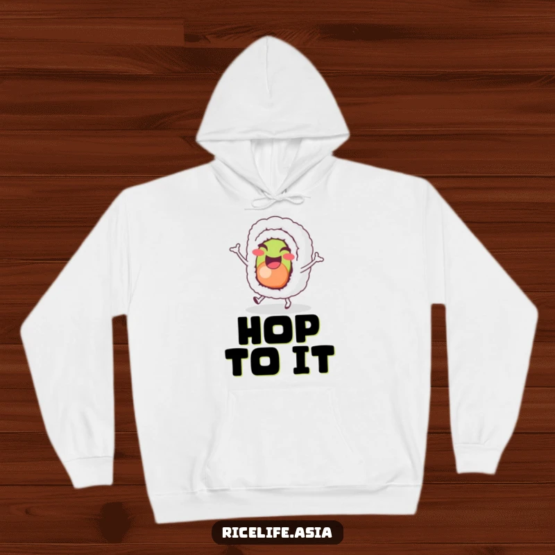 Funny Sushi Hop Hoodie: A cheerful sushi roll character joyfully does a tiny hop, offering warmth and funny cheer.