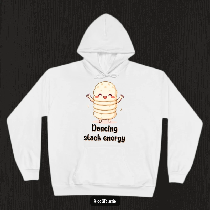 Funny Hoodie: A soft, warm hoodie featuring a stack of happy rice cakes doing a hilarious, wobbly dance with contagious cheer.