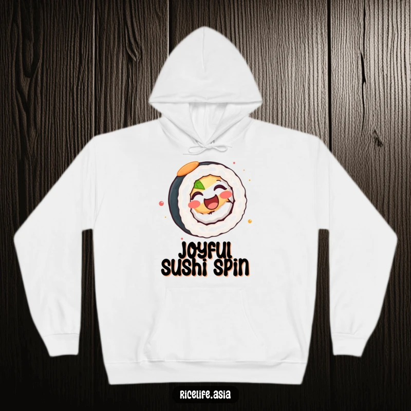 Funny Hoodie: A soft, warm hoodie featuring a happy sushi roll spinning with infectious joy and a delighted expression.