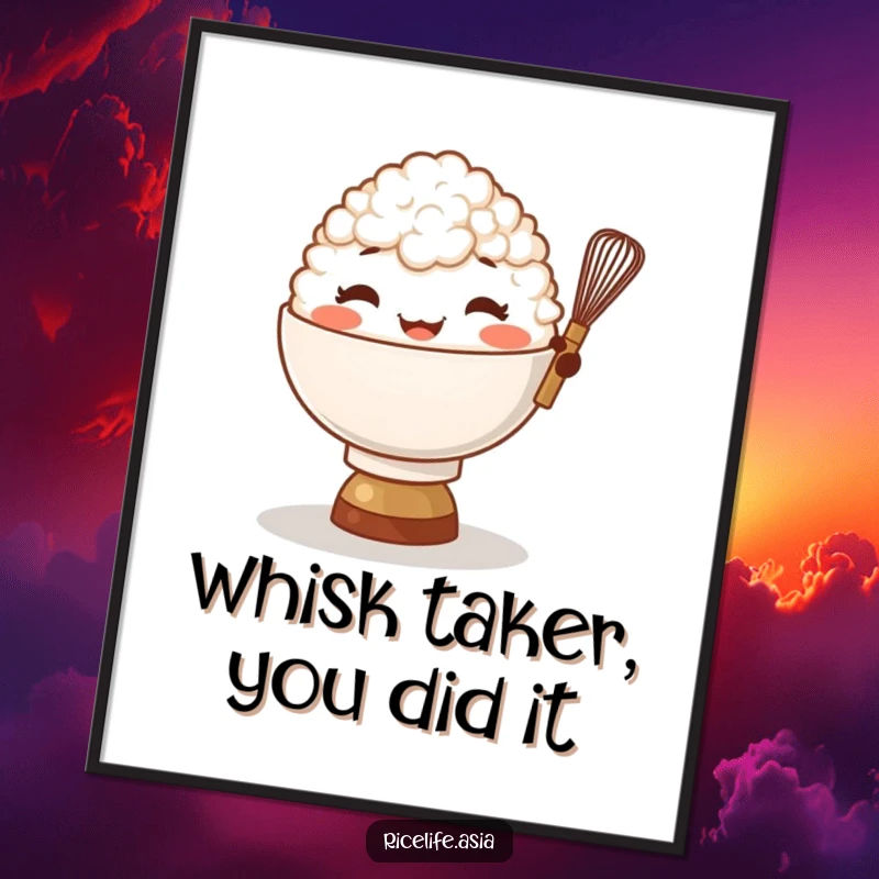 Funny Free Printable Wall Art of a giggling bowl of rice character balancing a tiny whisk, a cute downloadable art.