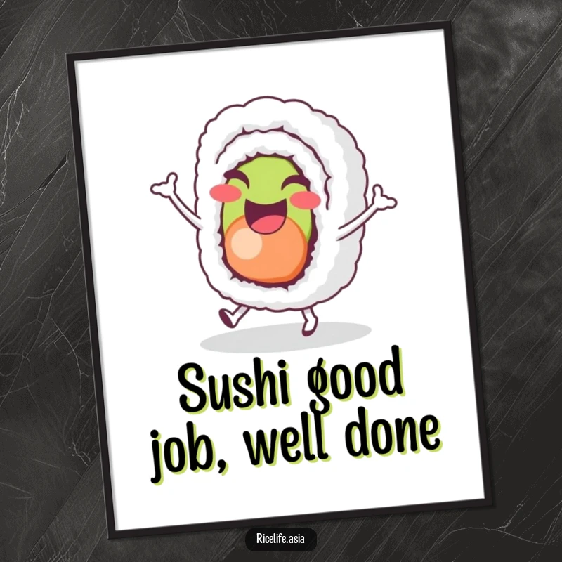 Funny Free Printable Wall Art of a cheerful sushi roll character doing a tiny joyful hop, a cute downloadable art.