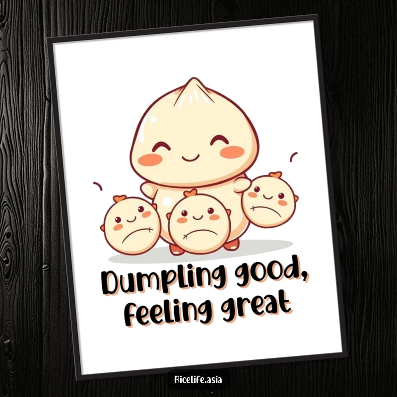 Funny Free Printable Wall Art: Smiling dumpling skillfully juggling three smaller dumplings, adding whimsy.