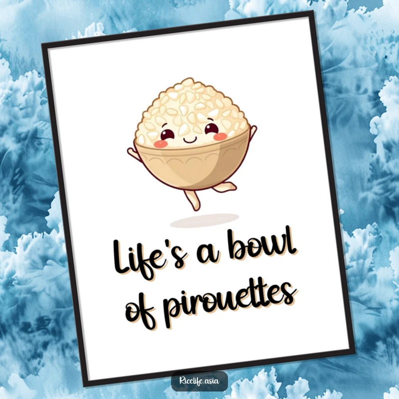 Funny Free Printable Wall Art: A happy bowl of rice performing a pirouette, adding culinary charm. Hilarious downloadable decor.