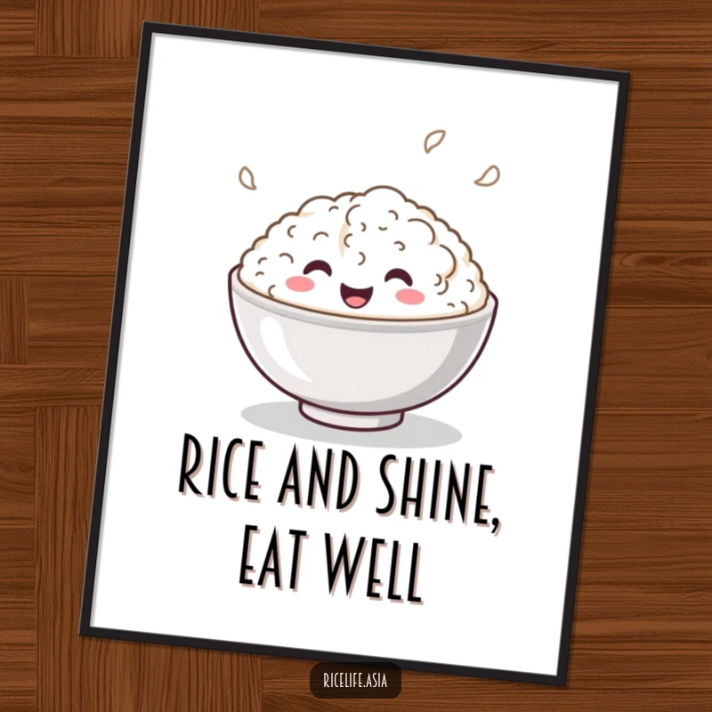 Funny Free Printable Wall Art: A smiling rice bowl in a playful bounce, a cheerful and energetic decoration, room art.