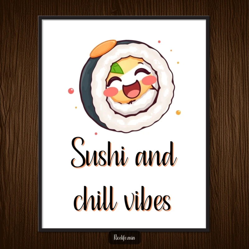 Funny Free Printable Wall Art: A happy sushi roll captured mid-spin, radiating pure joy and playful energy, room decor.