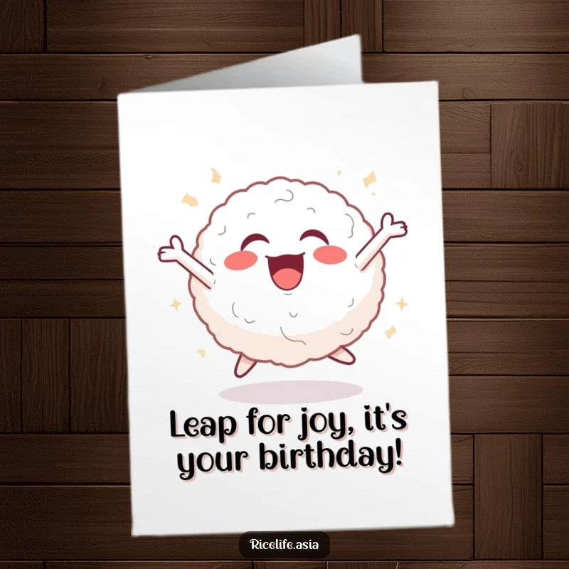Funny Free Printable Birthday Card: Cheerful rice ball captured mid-leap with pure joy and excitement.