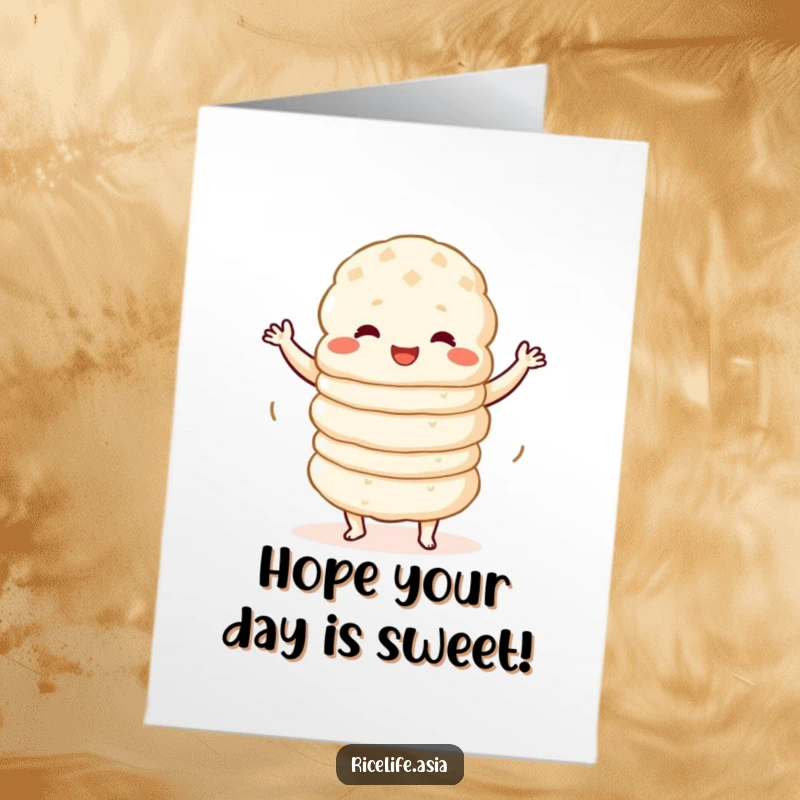 Funny Free Printable Birthday Card: A cheerful stack of rice cakes doing a wobbly dance, filled with birthday mirth, instant print.
