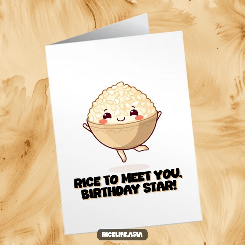 Funny Free Printable Birthday Card: A delightful bowl of rice performing a happy pirouette, celebrating joyfully. Hilarious downloadable gift.