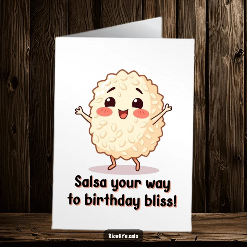Funny Free Printable Birthday Card: Happy grain of rice doing a lively salsa dance, full of zest.