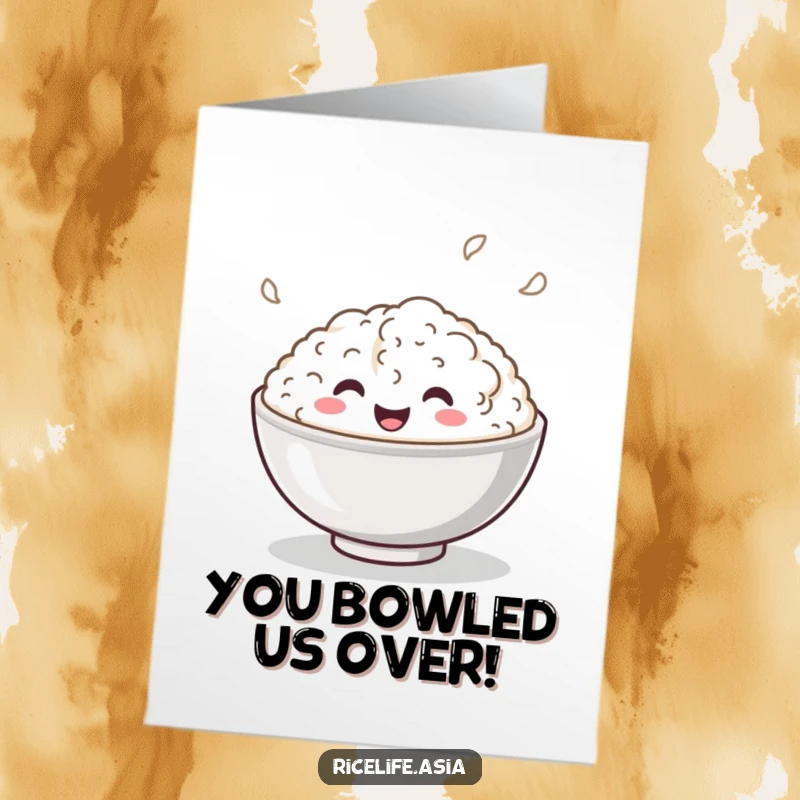 Funny Free Printable Congratulations Card: A happy rice bowl bouncing energetically, celebrating a win, easy to print.