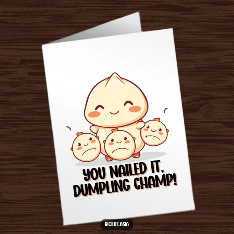 Funny Free Printable Congrats Card: Smiling dumpling skillfully juggling three smaller dumplings, celebrating talent.